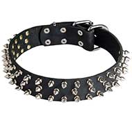 Leather Pitbull Collar Decorated with 3 Rows of Spikes Leather Pitbull Collar Decorated with 3 Rows of Spikes