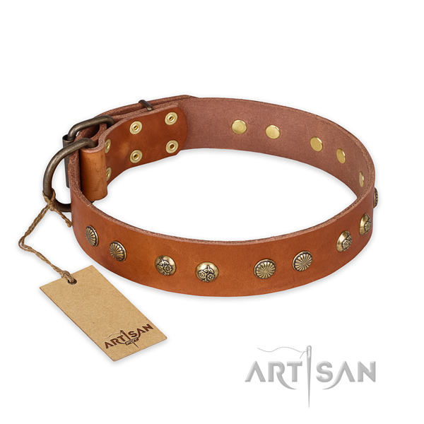 Adjustable natural genuine leather dog collar with reliable fittings