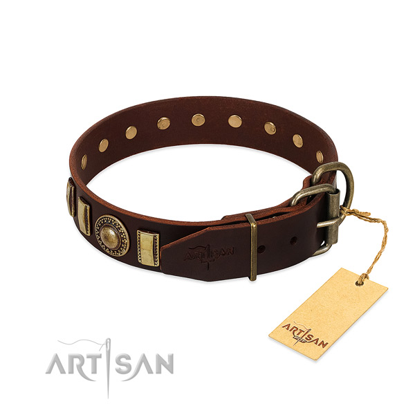 Stylish design full grain genuine leather dog collar with corrosion proof D-ring