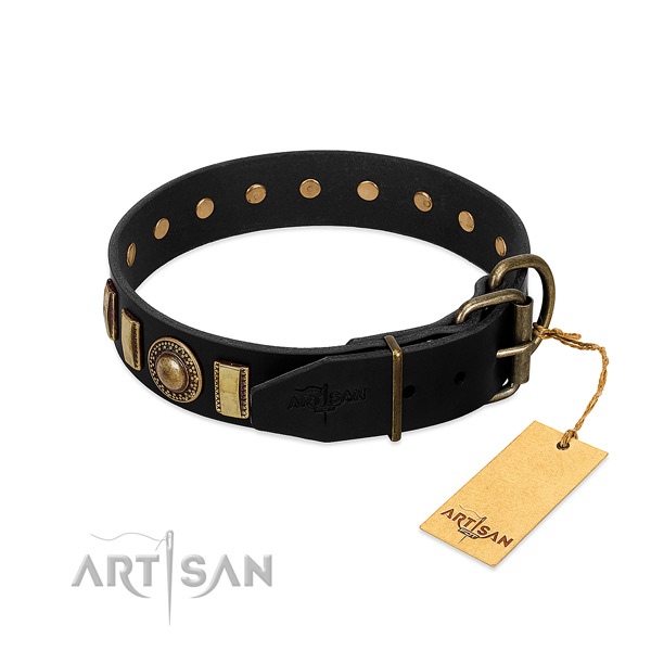 Gentle to touch full grain genuine leather dog collar with adornments