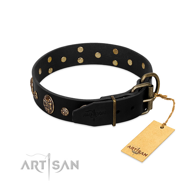 Rust resistant traditional buckle on natural genuine leather dog collar for your four-legged friend