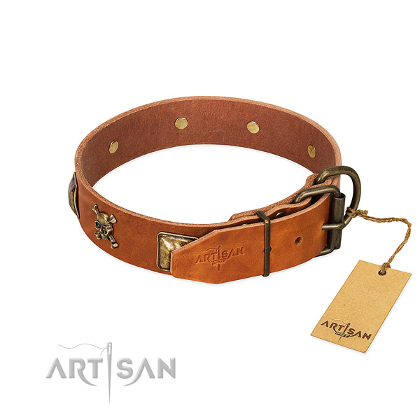Fashionable full grain natural leather dog collar with corrosion resistant studs