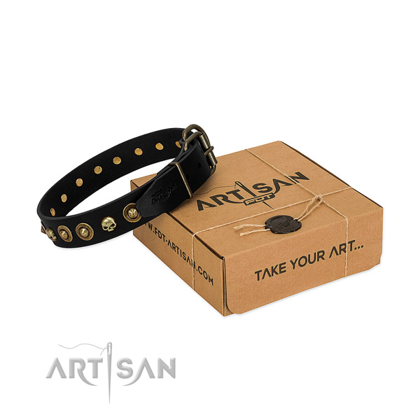Full grain natural leather collar with unusual decorations for your canine