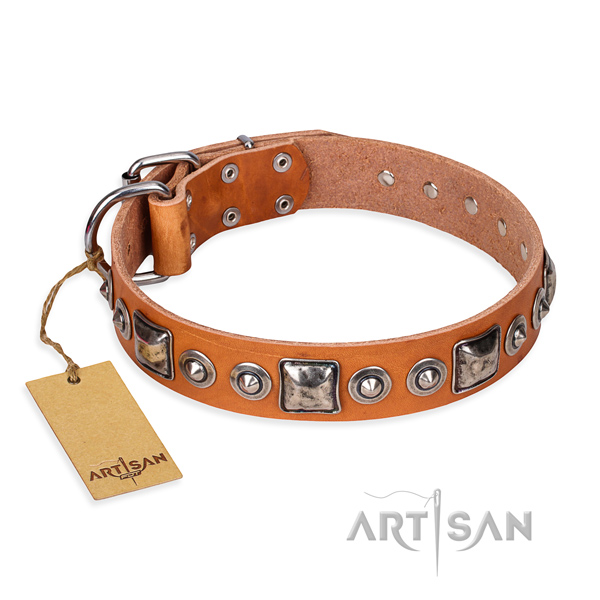 Genuine leather dog collar made of soft to touch material with corrosion proof traditional buckle