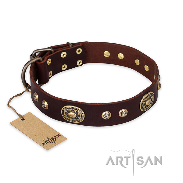 Easy adjustable full grain genuine leather dog collar for everyday walking