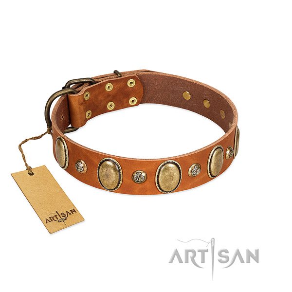 Full grain natural leather dog collar of quality material with exquisite decorations
