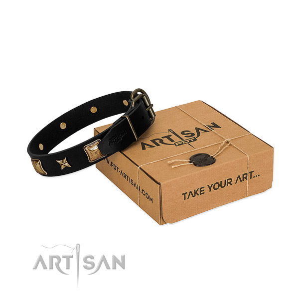 Durable fittings on leather dog collar for comfortable wearing