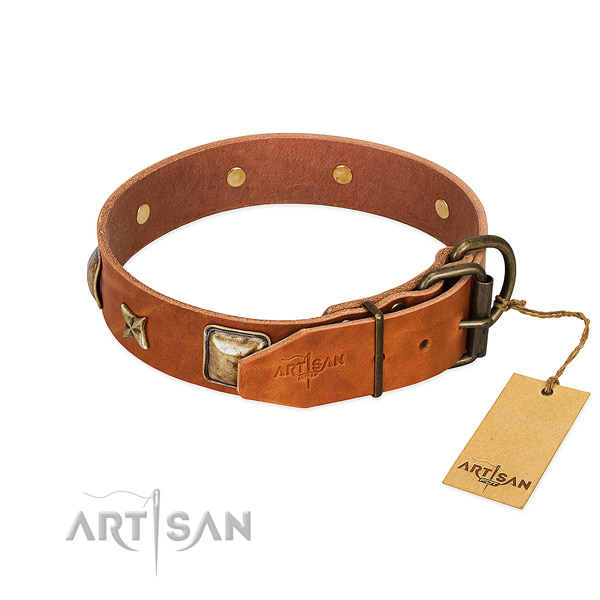 Natural genuine leather dog collar with corrosion proof hardware and embellishments