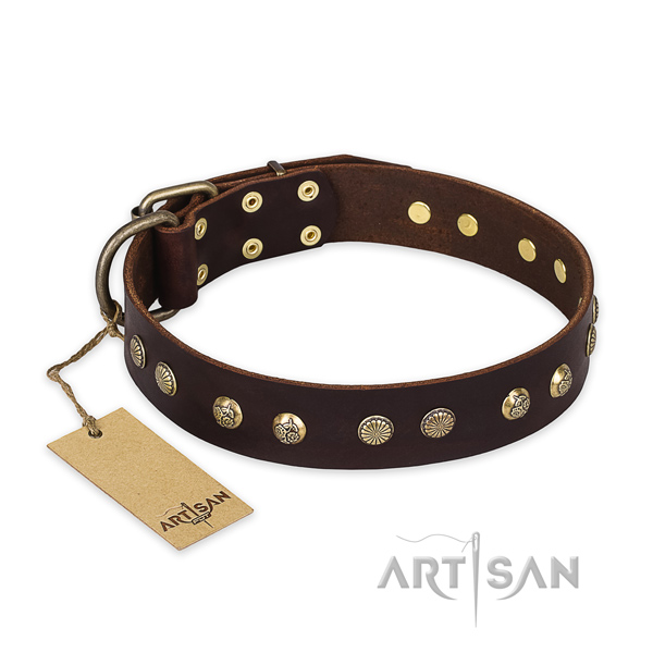Adorned natural genuine leather dog collar with durable buckle