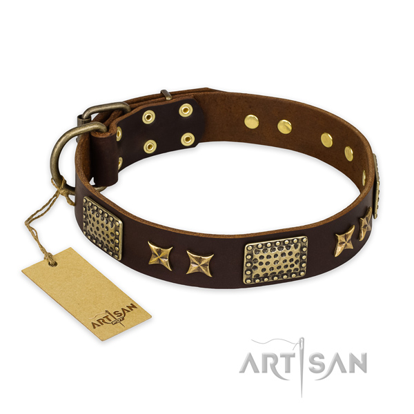 Convenient genuine leather dog collar with rust resistant traditional buckle
