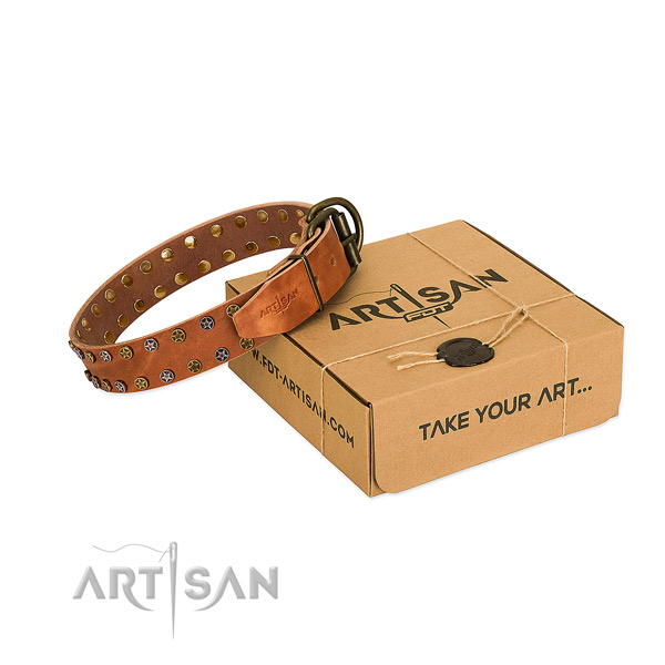 Daily walking reliable leather dog collar with adornments