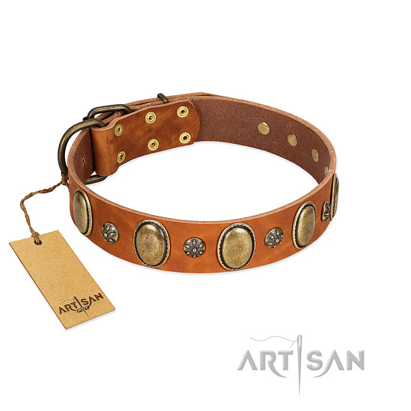 Easy wearing gentle to touch full grain genuine leather dog collar with embellishments