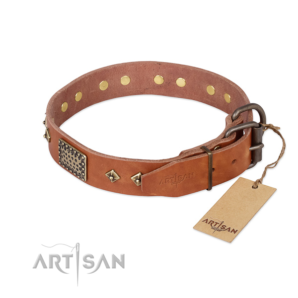 Full grain genuine leather dog collar with rust-proof fittings and decorations