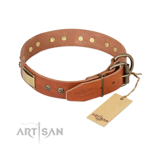 Genuine leather dog collar with corrosion proof traditional buckle and studs