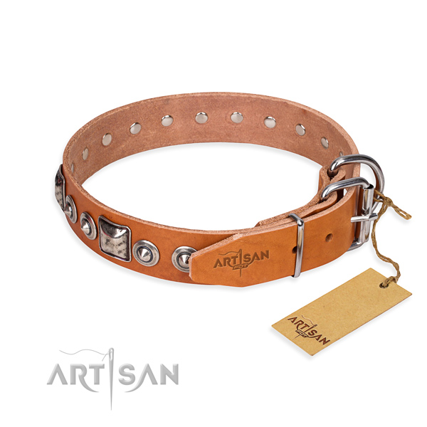 Full grain genuine leather dog collar made of soft to touch material with corrosion resistant studs