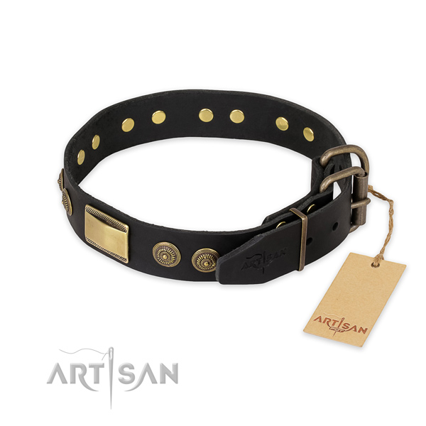 Rust resistant hardware on natural genuine leather collar for fancy walking your doggie