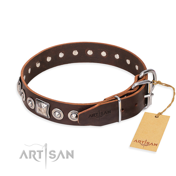 Leather dog collar made of soft material with reliable decorations