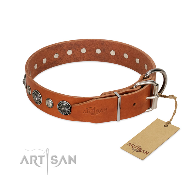 High quality natural leather dog collar with corrosion proof hardware