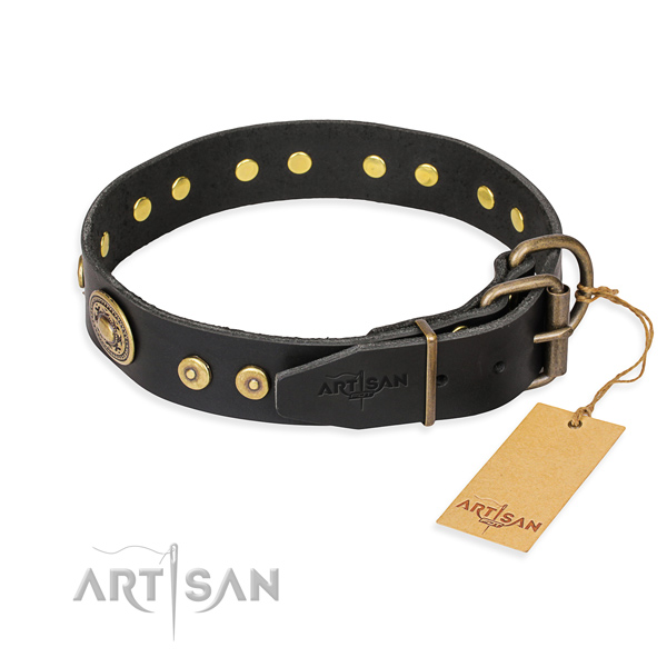 Full grain natural leather dog collar made of high quality material with durable decorations