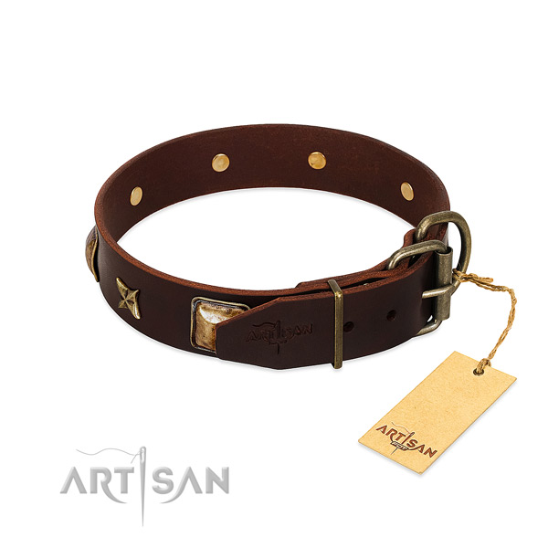 Full grain genuine leather dog collar with durable buckle and adornments