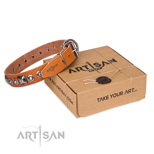Full grain natural leather dog collar made of quality material with rust resistant D-ring