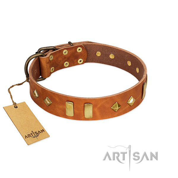 Comfy wearing gentle to touch full grain natural leather dog collar with decorations