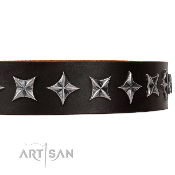 Stylish walking adorned dog collar of strong full grain genuine leather