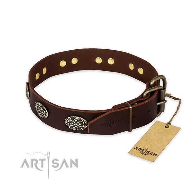 Durable D-ring on genuine leather collar for your handsome pet