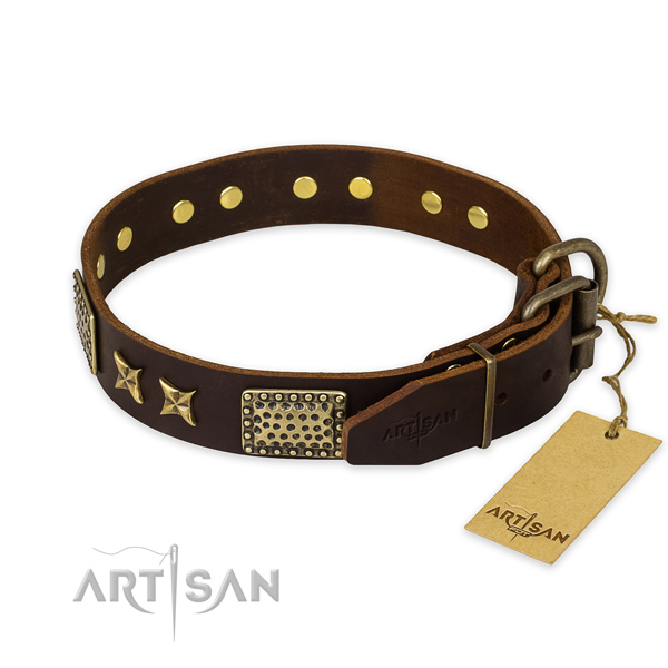 Reliable hardware on genuine leather collar for your handsome four-legged friend