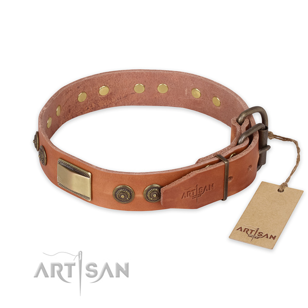 Strong buckle on natural genuine leather collar for basic training your doggie