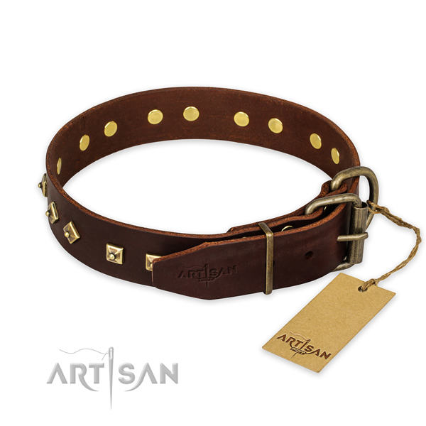 Rust resistant D-ring on full grain genuine leather collar for stylish walking your doggie
