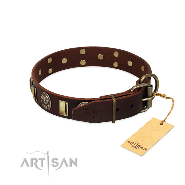 Full grain genuine leather dog collar with corrosion resistant hardware and embellishments