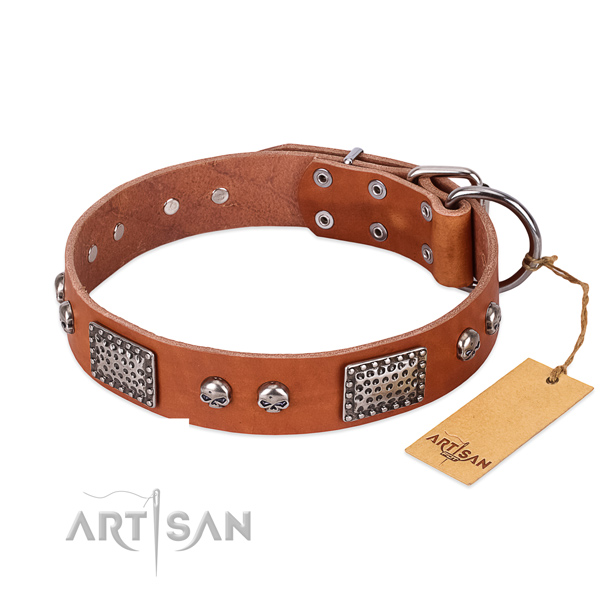 Easy adjustable full grain natural leather dog collar for walking your dog