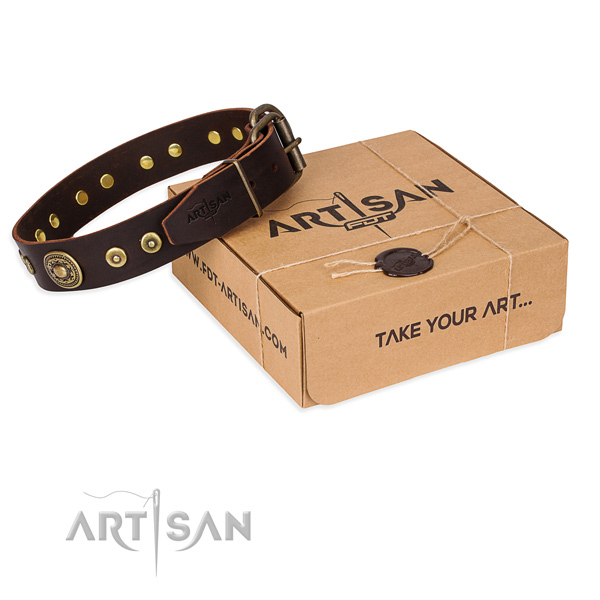 Genuine leather dog collar made of quality material with rust-proof hardware