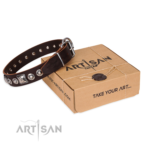 Full grain natural leather dog collar made of soft material with reliable traditional buckle
