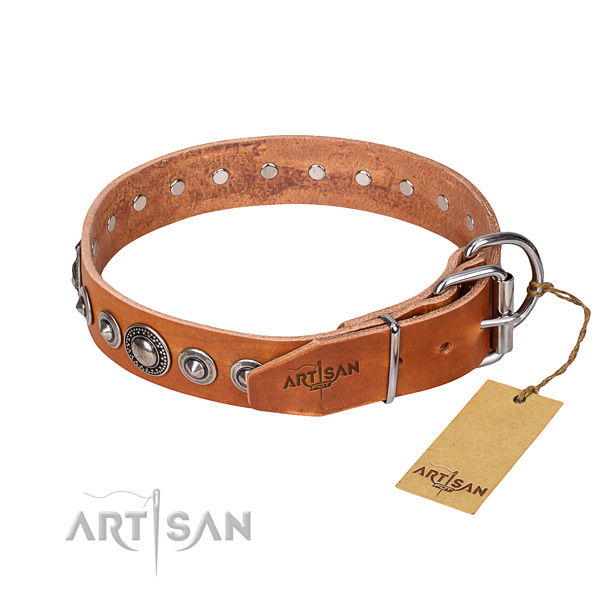 Natural genuine leather dog collar made of top notch material with rust-proof decorations