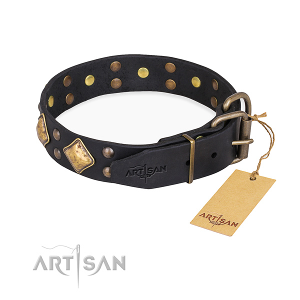 Natural genuine leather dog collar with designer corrosion resistant studs