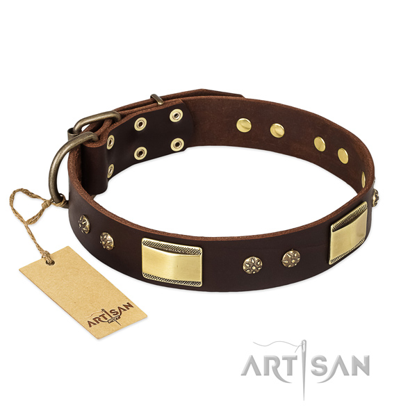 Full grain genuine leather dog collar with reliable traditional buckle and studs
