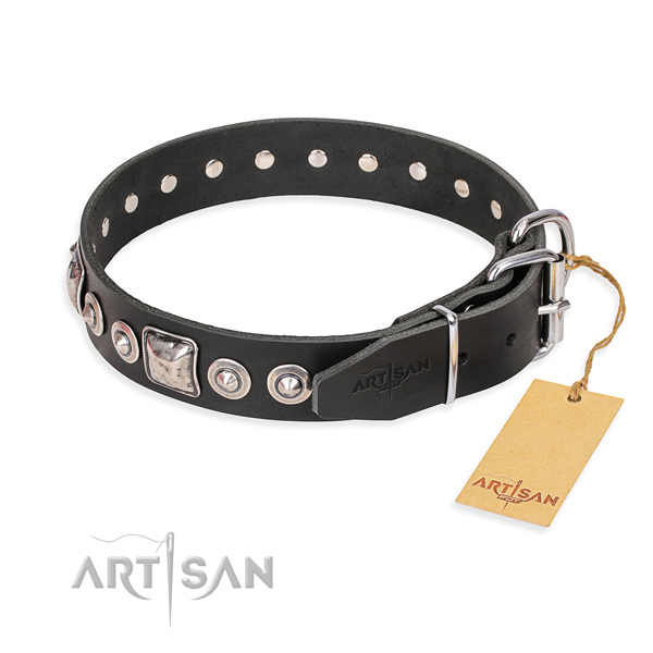 Full grain leather dog collar made of soft material with strong adornments