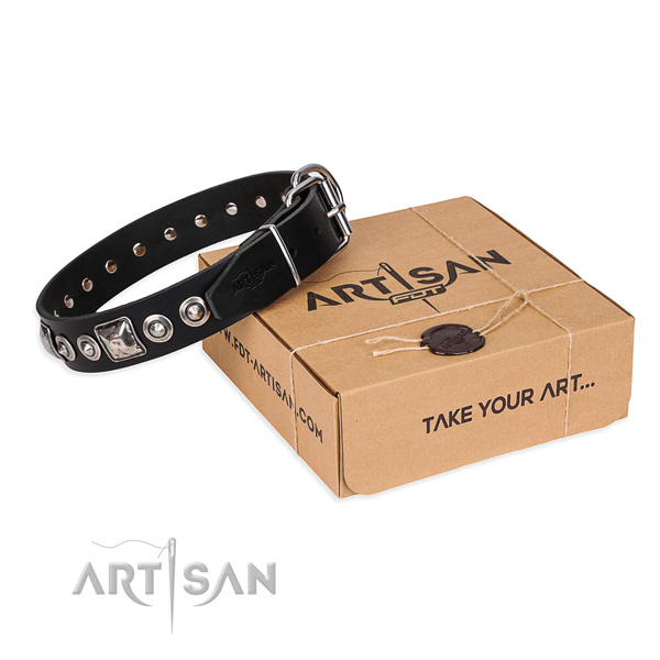 Natural genuine leather dog collar made of top notch material with durable traditional buckle