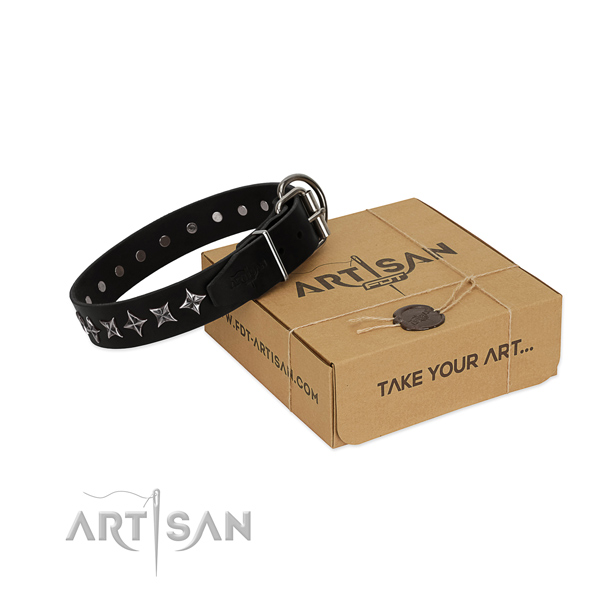 Comfortable wearing dog collar of fine quality genuine leather with embellishments