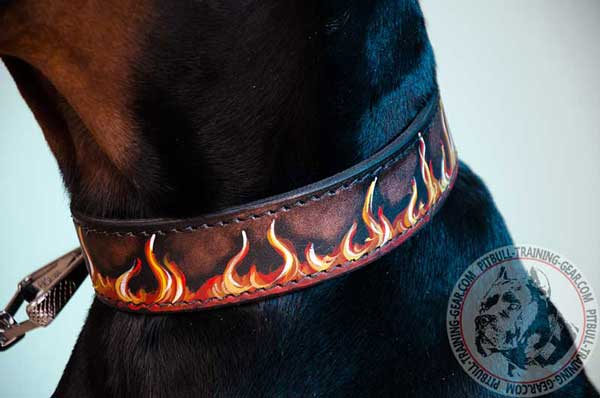 Adjustable Painted Flames Leather Dog Collar for Training