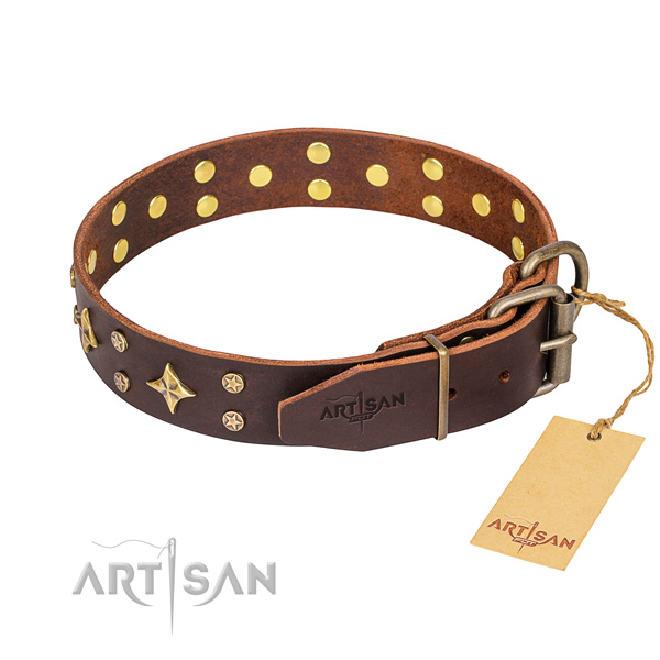 Stylish walking natural genuine leather collar with adornments for your pet