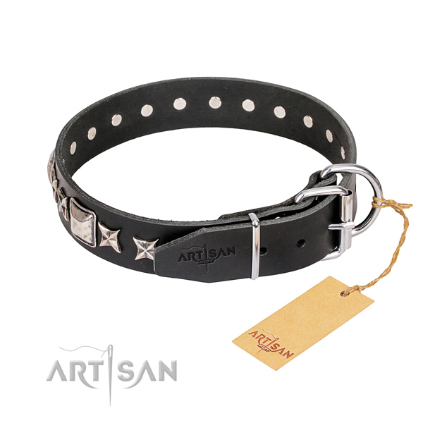 Handy use full grain genuine leather collar with embellishments for your four-legged friend