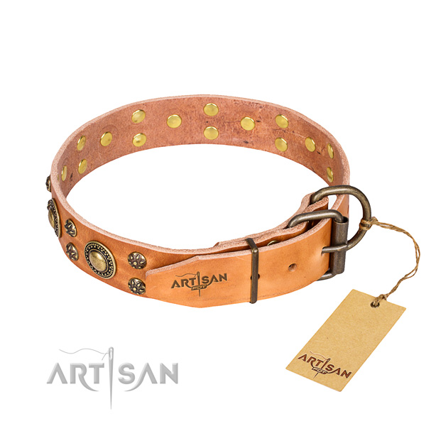 Stylish walking natural genuine leather collar with decorations for your dog