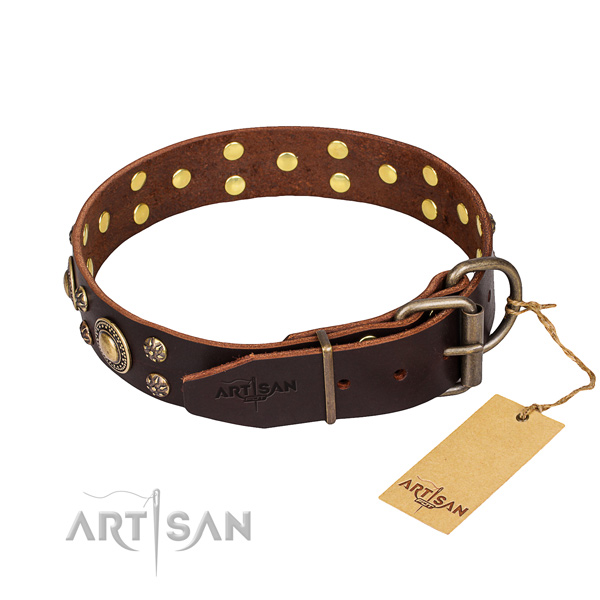 Everyday walking natural genuine leather collar with studs for your doggie