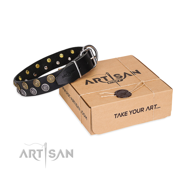 Full grain genuine leather dog collar with decorations for walking