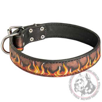 Designer Painted Leather Dog Collar for Pit Bull with D-Ring for Leash Attachment