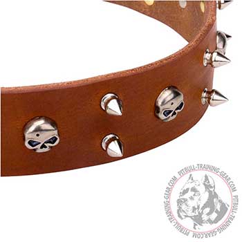 Brown Leather Pitbull Dog Collar with Steel Decorations