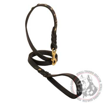 Studded Leather Dog Leash for Pit Bull with Convenient Braided Handle